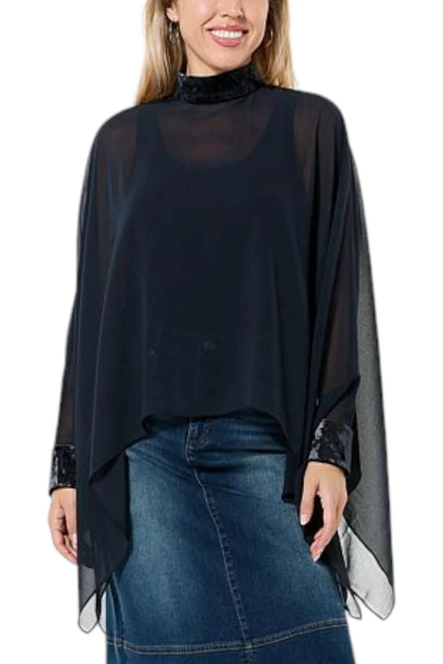 G by Giuliana Women's Black Label Chiffon Poncho Velour Trim Blk - Regular